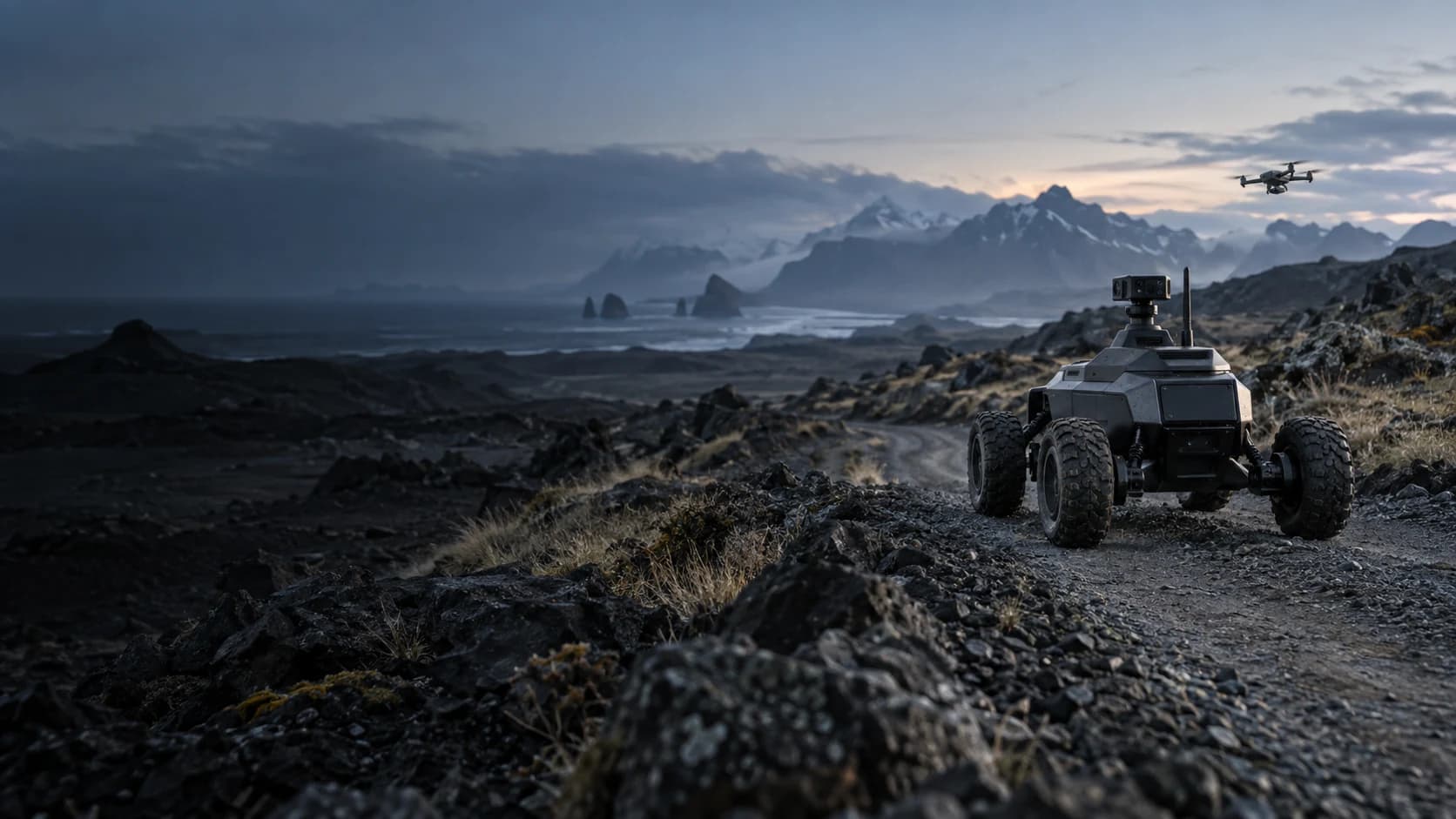 Rover autónomo de Alize recorriendo una pista en terreno rocoso al atardecer mientras un dron sobrevuela el perímetro.